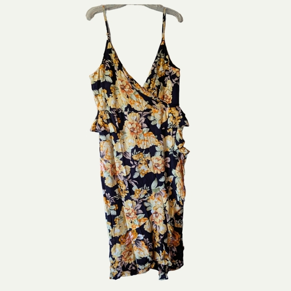 NWT Bardot Floral Ruffled Hi-Lo V-Neck Dress Black and Yellow Faux Wrap Sz 12 L - Picture 15 of 16
